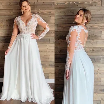 DREAM Plus Size Šifono Vestuvių Suknelės 2022 ilgomis Rankovėmis Vien Nėrinių Aplikacijos V-Kaklo Nuotakos Suknelė Paplūdimys