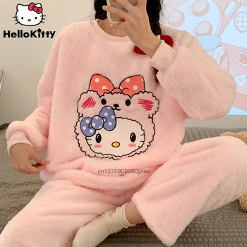 Hello Kitty Mados Pliušinis Pižama Rinkiniai Moterims Rudenį Thicked Šiltas Homewear Y2K Mergina Sanrio Mielas Animacinių filmų Žiemos Pyjama Femme
