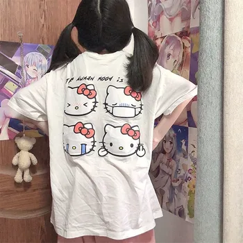 Mielas Funny Cat Moterims Harajuku Hip-Hop Japonija Vasaros Viršūnės Baltos Mados Ulzzang Negabaritinių Ins Anime Marškinėliai Femme Streetwear