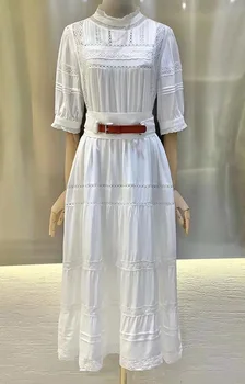 Aukščiausios Kokybės Medvilnės Suknelė 2022 Vasaros Moterų Nėriniai Siuvinėjimo Pusė Rankovės Vidurio Blauzdos Balta Juoda Atsitiktinis Vintage Suknelė Vestidos Femme