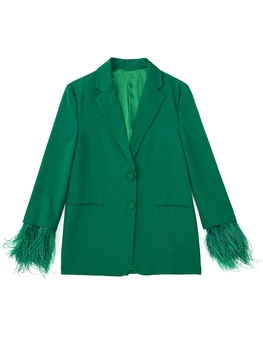 YENKYE Moterų 2022 Žalioji Plunksna Švarkas Kailis Derliaus ilgomis Rankovėmis Moteriška Viršutiniai drabužiai Prašmatnus Viršūnės