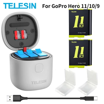TELESIN 3Pack Baterija 1750mAh Už GoPro 11 10 9 3 Slots, Greitas Įkroviklis TF Card Reader, Baterija Langelį GoPro Hero 9 10 Priedai