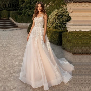 LORIE Šampano Paplūdimio Vestuvių Suknelės, Elegantiškos Nėrinių Apppliques Boho Nuotakos Suknelė O-kaklo Nėriniai-up Princess Šalis Suknelės Vinatge
