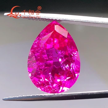 kriaušės formos, tamsiai rožinė rubino spalvos dirbtinis rubinas gamtos supjaustyti įskaitant nedidelius įtrūkimus ir intarpų korundas prarasti akmuo perlas