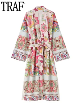 TRAF Boho Ilga Suknelė Moterims Kimono Spausdinti Atsitiktinis Vasaros Suknelės Moteris 2022 Retro Bohemijos Moteriška Suknelė Plačiomis Rankovėmis Diržo Midi Suknelė
