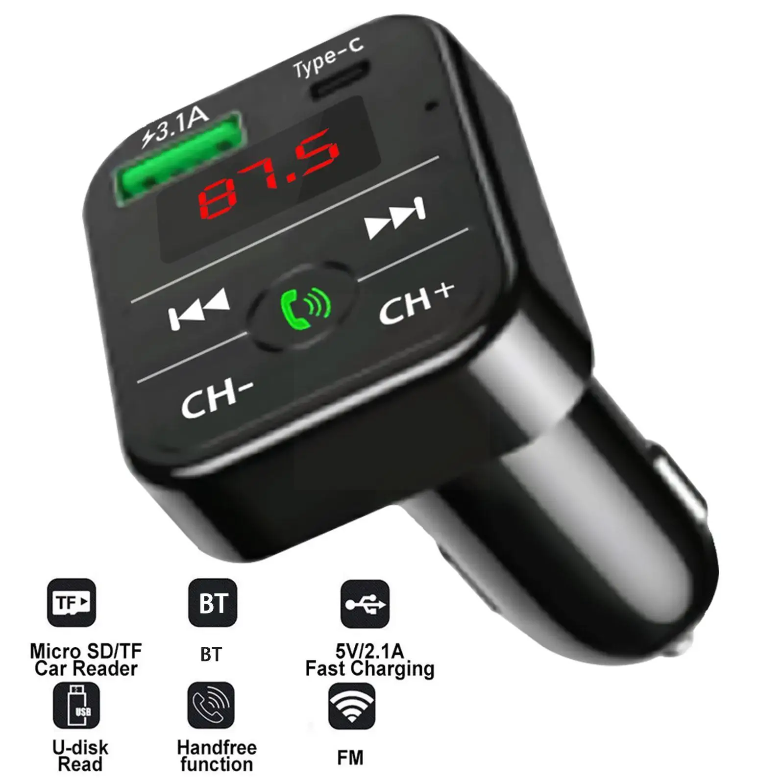 Automobilinis FM Siųstuvas Belaidžio ryšio Adapteris, Mikrofonas Garso Imtuvas Priedai Player Auto Automobilis USB+Typec MP3 Greitas Įkroviklis H3I2 Nuotrauka 0
