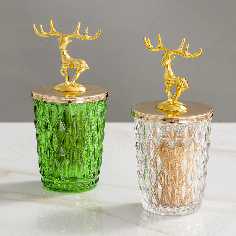 Golden Deer Dekoratyvinis Prizminis Stiklas Stiklainius Šiaurės Šalių Šiuolaikinės Tamsiai Žalia Saldainiai Jar Stiklo Kosmetikos Konteineriai Kambarį Apdaila Nuotrauka 3