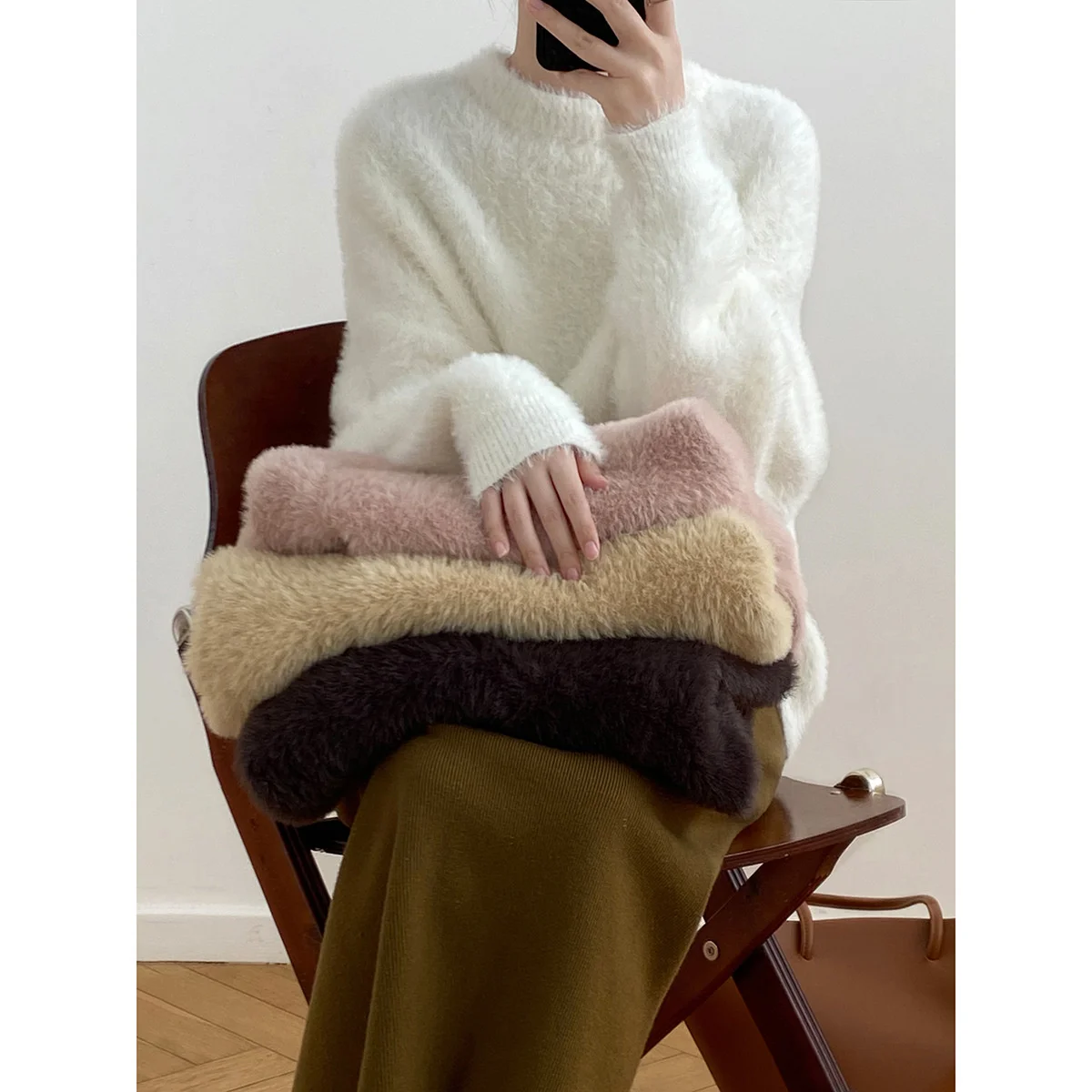 Moterų Kietas Fuzzy Megztinis Tirštėti Negabaritinių Išsitraukia Žiemos 2022 Rausvos spalvos, Baltos, Rudos Smėlio spalvos Šiltas Puloveriai Nuotrauka 1