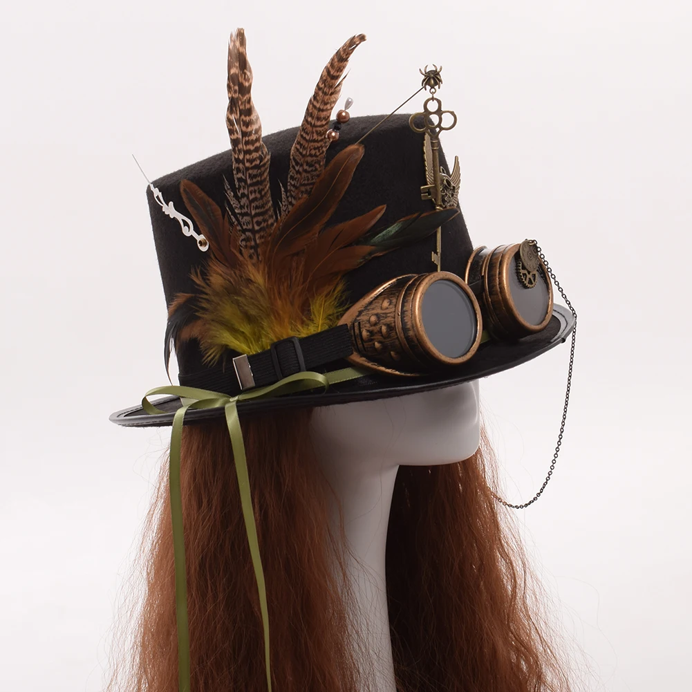Steampunk Skrybėlę Vyrai Moterys Akiniai Plunksnų Įrankių Galvos Dėvėti Goth Lolita Juoda Fedoras Viršų Skrybėlės Nuotrauka 5