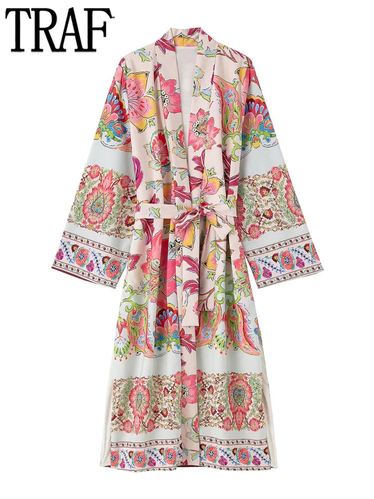 TRAF Boho Ilga Suknelė Moterims Kimono Spausdinti Atsitiktinis Vasaros Suknelės Moteris 2022 Retro Bohemijos Moteriška Suknelė Plačiomis Rankovėmis Diržo Midi Suknelė Nuotrauka 0