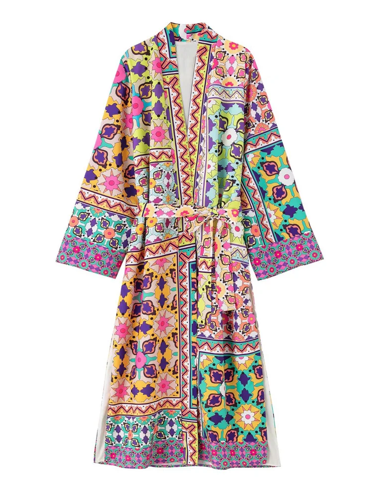 TRAF Boho Ilga Suknelė Moterims Kimono Spausdinti Atsitiktinis Vasaros Suknelės Moteris 2022 Retro Bohemijos Moteriška Suknelė Plačiomis Rankovėmis Diržo Midi Suknelė Nuotrauka 1