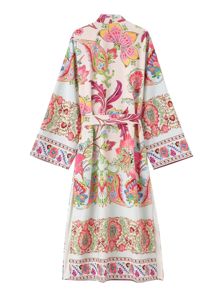 TRAF Boho Ilga Suknelė Moterims Kimono Spausdinti Atsitiktinis Vasaros Suknelės Moteris 2022 Retro Bohemijos Moteriška Suknelė Plačiomis Rankovėmis Diržo Midi Suknelė Nuotrauka 3