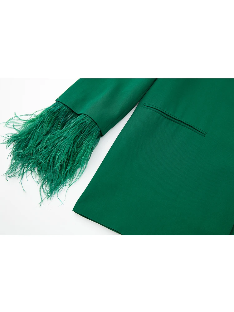 YENKYE Moterų 2022 Žalioji Plunksna Švarkas Kailis Derliaus ilgomis Rankovėmis Moteriška Viršutiniai drabužiai Prašmatnus Viršūnės Nuotrauka 3
