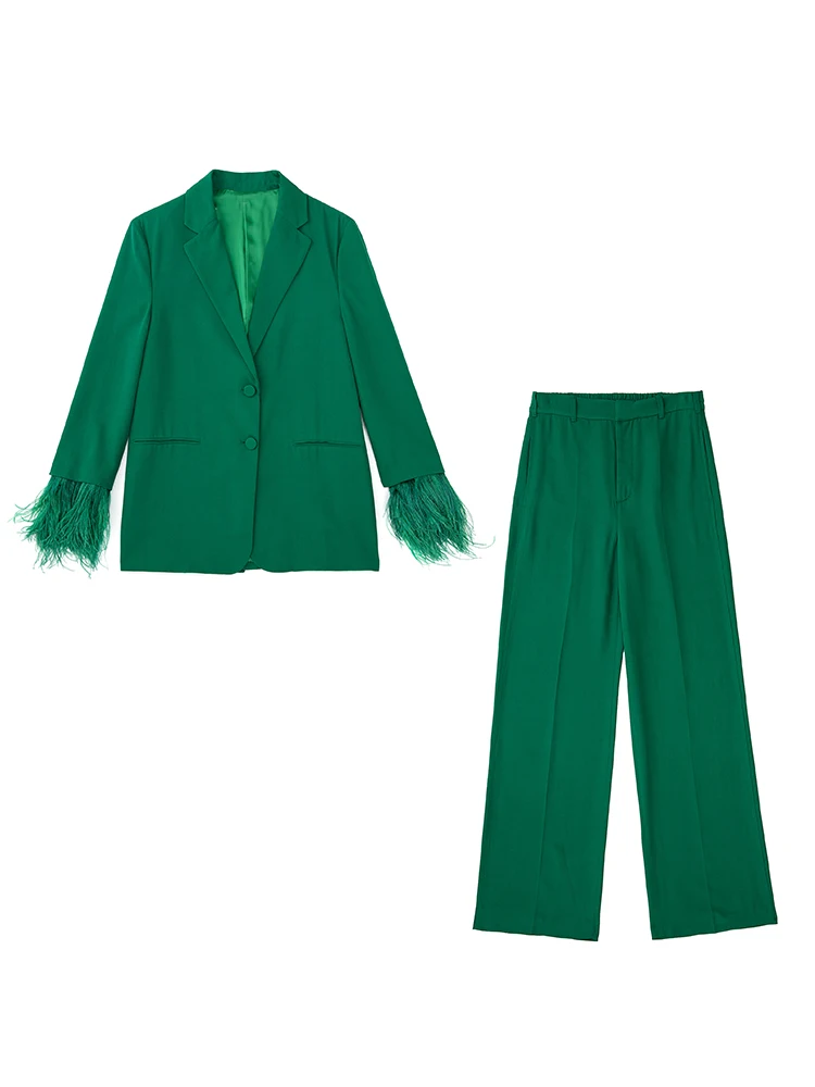 YENKYE Moterų 2022 Žalioji Plunksna Švarkas Kailis Derliaus ilgomis Rankovėmis Moteriška Viršutiniai drabužiai Prašmatnus Viršūnės Nuotrauka 5