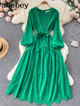 Žalia/Rožinė/Balta Išsiuvinėti Plisuotos Ilga Suknelė Vintage O-Kaklo Žibintų Rankovės Aukštas Juosmuo Puoštas Maxi Vestidos Moterų 2022 Naujas